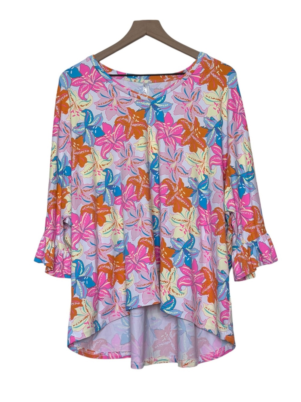 Lulu B 3X Hibiscus Floral Ruffle Sleeve UPF 50+ Pullover Top Tropical Cruise